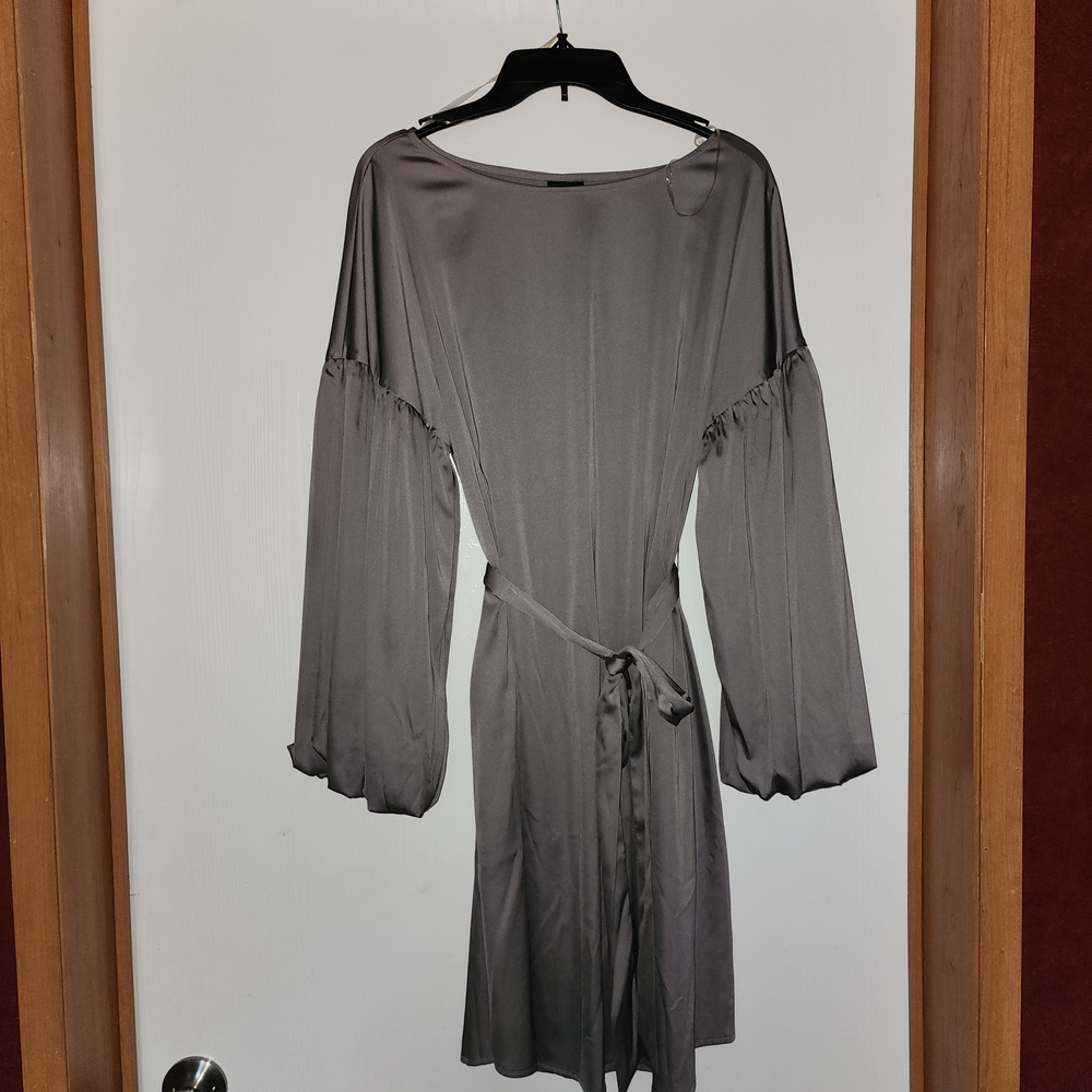 Worthington Slate Satin Long Sleeve Dress with Tie Waist Size S
